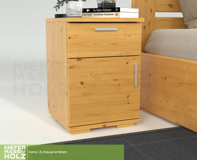 SEO. Nobis Kiefer Massivholz Nachttisch Nachtschrank | 1 - Schublade 1 - Türig | 100% Bio Kiefer - Natur Linkreich