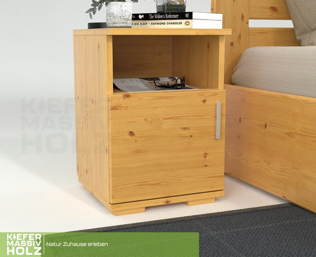 SEO. Nobis Kiefer Massivholz Nachttisch Nachtschrank | 1 - Türig 1 - Regal | 100% Bio Kiefer - Natur Linkreich