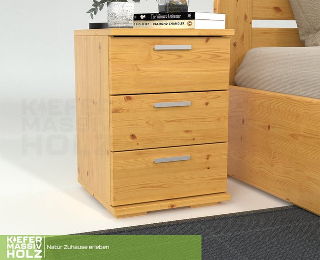 SEO. Nobis Kiefer Massivholz Nachttisch Nachtschrank | 3 - Schubladen | 100% Bio Kiefer - Natur Linkreich