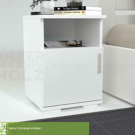 SEO. Nobis Kiefer Nachttisch 100% Bio | Massivholz Nachtschrank mit 1 Tür und 1 Regal - Schneeweiss Linkreich