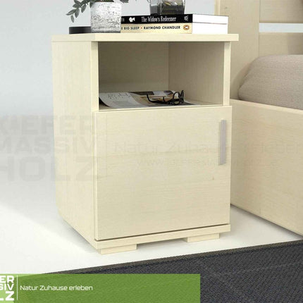 SEO. Nobis Kiefer Nachttisch 100% Bio | Massivholz Nachtschrank mit 1 Tür und 1 Regal - Weiss Linkreich