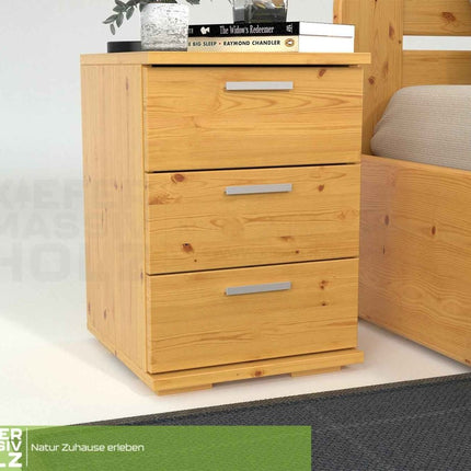 SEO. Nobis Kiefer Nachttisch 3-Schubladen | Massivholz Nachtschrank aus 100% Bio Kiefer - Natur Linkreich