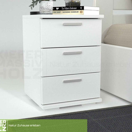 SEO. Nobis Kiefer Nachttisch 3-Schubladen | Massivholz Nachtschrank aus 100% Bio Kiefer - Schneeweiss Linkreich