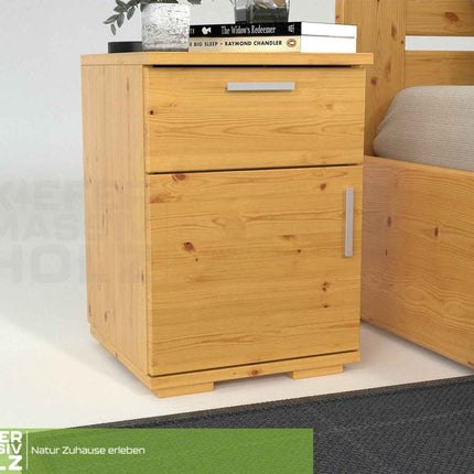 SEO. Nobis Kiefer Nachttisch | Massivholz Nachtschrank mit 1 Schublade und 1 Tür | 100% Bio Kiefer - Natur Linkreich