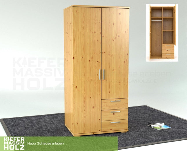 SEO. Nobis Kleiderschrank | 2 - Türig mit Kleiderstange | 3 - Schubladen | 100% Bio Kiefer Massivholz - Natur Linkreich