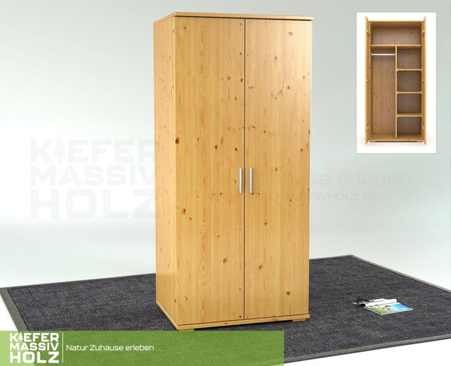 SEO. Nobis Kleiderschrank | 2 - Türig mit Kleiderstange und Regale | 100% Bio Kiefer Massivholz - Natur Linkreich