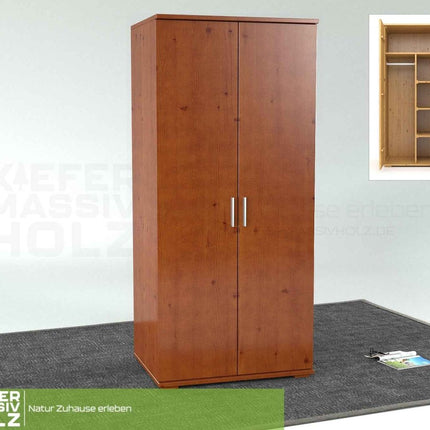 SEO. Nobis Kleiderschrank Bio Kiefer | 2-Türig mit Kleiderstange und Regalen aus 100% massivem Holz - Kirsch Linkreich