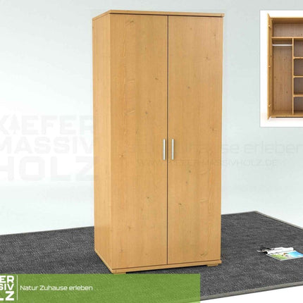 SEO. Nobis Kleiderschrank Bio Kiefer | 2-Türig mit Kleiderstange und Regalen aus 100% massivem Holz - Capuccino Linkreich