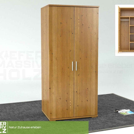SEO. Nobis Kleiderschrank Bio Kiefer | 2-Türig mit Kleiderstange und Regalen aus 100% massivem Holz - Antik Kiefer Linkreich