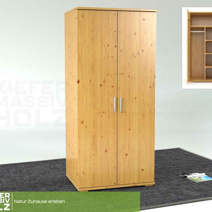 SEO. Nobis Kleiderschrank Bio Kiefer | 2-Türig mit Kleiderstange und Regalen aus 100% massivem Holz - Natur Linkreich