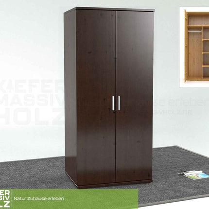 SEO. Nobis Kleiderschrank Bio Kiefer | 2-Türig mit Kleiderstange und Regalen aus 100% massivem Holz - Wenge Linkreich