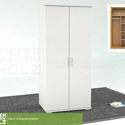 SEO. Nobis Kleiderschrank Bio Kiefer | 2-Türig mit Kleiderstange und Regalen aus 100% massivem Holz - Schneeweiss Linkreich