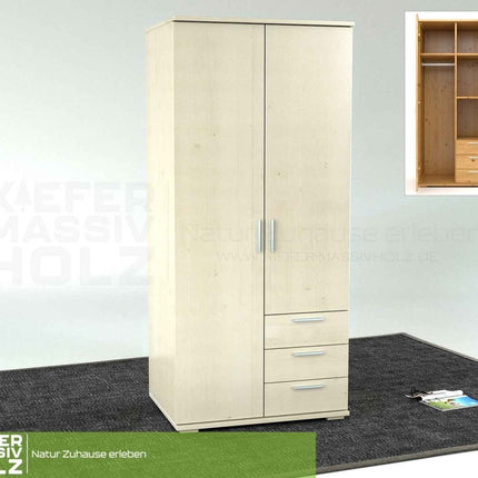 SEO. Nobis Kleiderschrank Bio Kiefer Massivholz | 2-türig mit Kleiderstange & 3 Schubladen - Weiss Linkreich