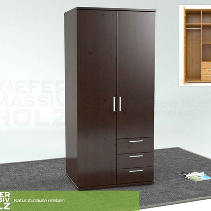 SEO. Nobis Kleiderschrank Bio Kiefer Massivholz | 2-türig mit Kleiderstange & 3 Schubladen - Wenge Linkreich