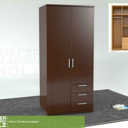 SEO. Nobis Kleiderschrank Bio Kiefer Massivholz | 2-türig mit Kleiderstange & 3 Schubladen - Nussbaum Linkreich