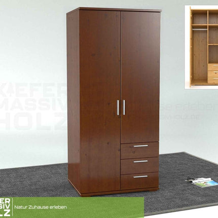 SEO. Nobis Kleiderschrank Bio Kiefer Massivholz | 2-türig mit Kleiderstange & 3 Schubladen - Kolonial Linkreich