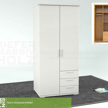 SEO. Nobis Kleiderschrank Bio Kiefer Massivholz | 2-türig mit Kleiderstange & 3 Schubladen - Schneeweiss Linkreich