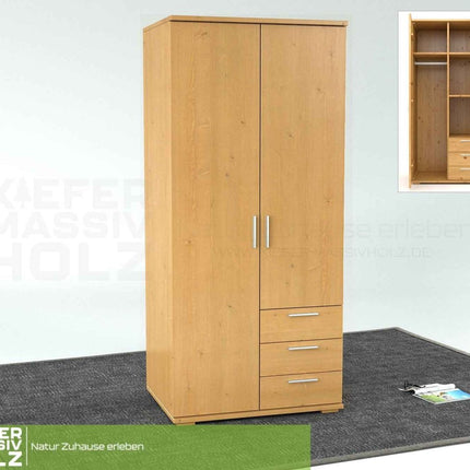 SEO. Nobis Kleiderschrank Bio Kiefer Massivholz | 2-türig mit Kleiderstange & 3 Schubladen - Capuccino Linkreich