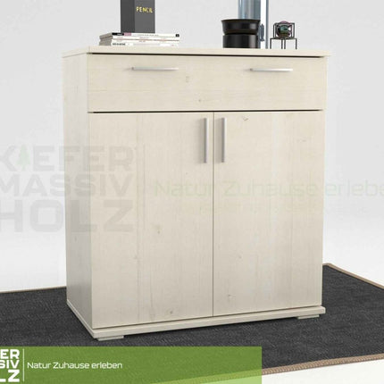 SEO. Nobis Kommode 100% Bio Kiefer | Sideboard mit 1-Schublade und 2-Türen | 90cm hoch - Weiss Linkreich