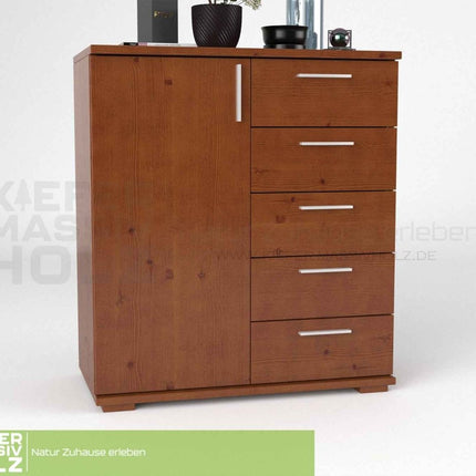 SEO. Nobis Kommode 90-er | Sideboard aus 100% Bio Kiefer Massivholz | 5-Schubladen, 1-Türig Anrichte - Kirsch Linkreich
