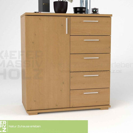 SEO. Nobis Kommode 90-er | Sideboard aus 100% Bio Kiefer Massivholz | 5-Schubladen, 1-Türig Anrichte - Capuccino Linkreich