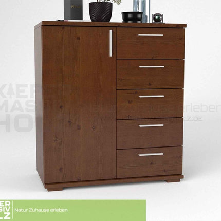 SEO. Nobis Kommode 90-er | Sideboard aus 100% Bio Kiefer Massivholz | 5-Schubladen, 1-Türig Anrichte - Kolonial Linkreich