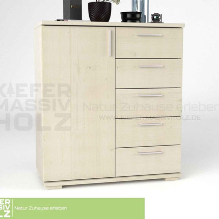 SEO. Nobis Kommode 90-er | Sideboard aus 100% Bio Kiefer Massivholz | 5-Schubladen, 1-Türig Anrichte - Weiss Linkreich