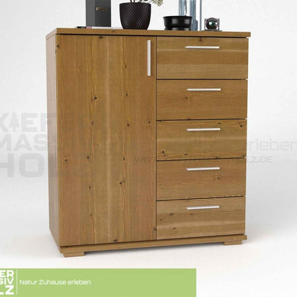 SEO. Nobis Kommode 90-er | Sideboard aus 100% Bio Kiefer Massivholz | 5-Schubladen, 1-Türig Anrichte - Antik Kiefer Linkreich