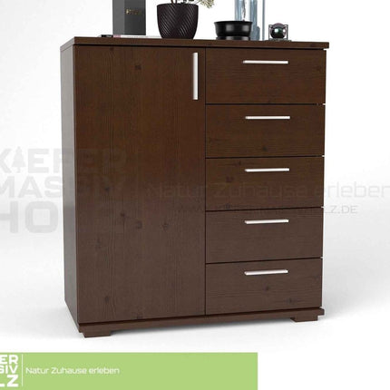 SEO. Nobis Kommode 90-er | Sideboard aus 100% Bio Kiefer Massivholz | 5-Schubladen, 1-Türig Anrichte - Nussbaum Linkreich