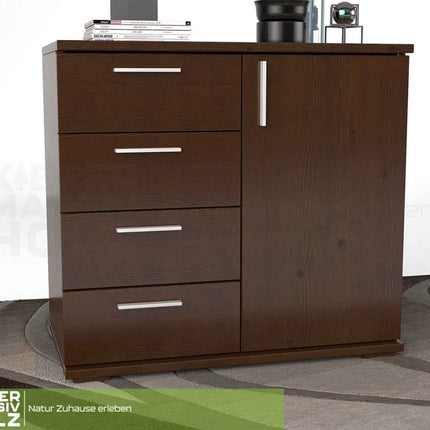 SEO. Nobis Kommode aus Bio Kiefer Massivholz | Sideboard mit 4 kleinen Schubladen und 1 Tür - Nussbaum Linkreich