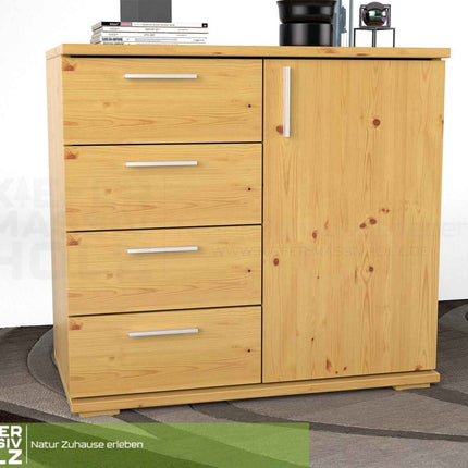 SEO. Nobis Kommode aus Bio Kiefer Massivholz | Sideboard mit 4 kleinen Schubladen und 1 Tür - Natur Linkreich