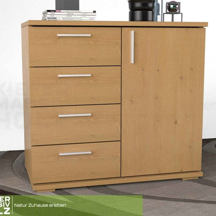 SEO. Nobis Kommode aus Bio Kiefer Massivholz | Sideboard mit 4 kleinen Schubladen und 1 Tür - Capuccino Linkreich