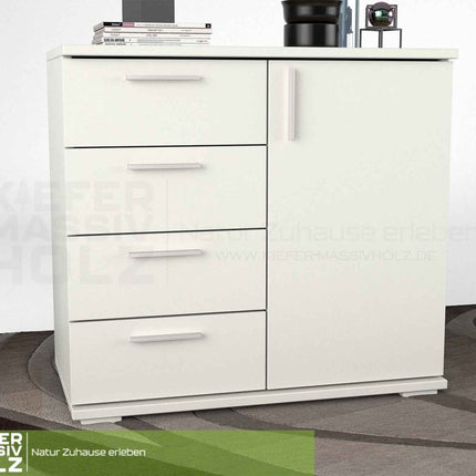 SEO. Nobis Kommode aus Bio Kiefer Massivholz | Sideboard mit 4 kleinen Schubladen und 1 Tür - Schneeweiss Linkreich