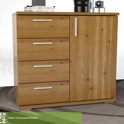 SEO. Nobis Kommode aus Bio Kiefer Massivholz | Sideboard mit 4 kleinen Schubladen und 1 Tür - Antik Kiefer Linkreich