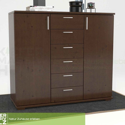 SEO. Nobis Kommode aus massivem Kiefernholz | Sideboard mit 2 Türen und 6 Schubladen | 107 cm hoch | 100% Bio Kiefer Massivholz - Nussbaum Linkreich