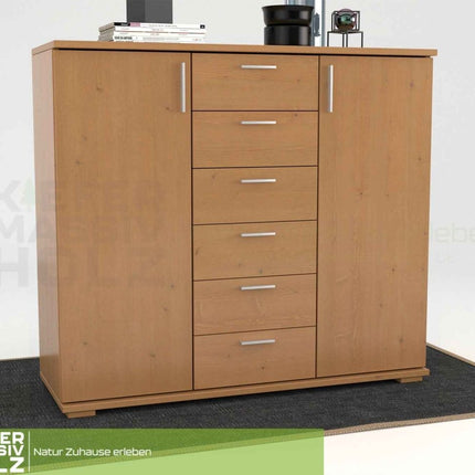 SEO. Nobis Kommode aus massivem Kiefernholz | Sideboard mit 2 Türen und 6 Schubladen | 107 cm hoch | 100% Bio Kiefer Massivholz - Capuccino Linkreich