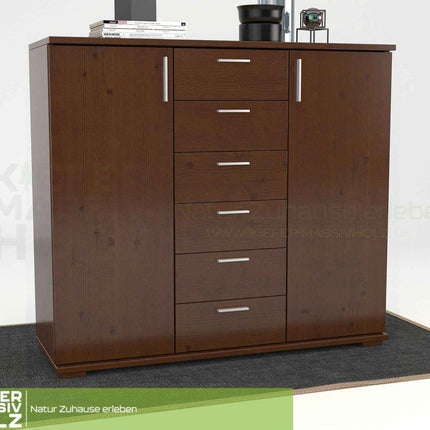 SEO. Nobis Kommode aus massivem Kiefernholz | Sideboard mit 2 Türen und 6 Schubladen | 107 cm hoch | 100% Bio Kiefer Massivholz - Kolonial Linkreich