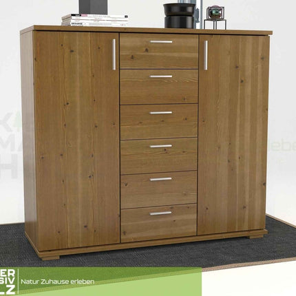 SEO. Nobis Kommode aus massivem Kiefernholz | Sideboard mit 2 Türen und 6 Schubladen | 107 cm hoch | 100% Bio Kiefer Massivholz - Antik Kiefer Linkreich