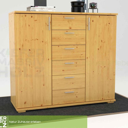 SEO. Nobis Kommode aus massivem Kiefernholz | Sideboard mit 2 Türen und 6 Schubladen | 107 cm hoch | 100% Bio Kiefer Massivholz - Natur Linkreich