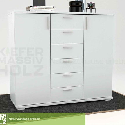 SEO. Nobis Kommode aus massivem Kiefernholz | Sideboard mit 2 Türen und 6 Schubladen | 107 cm hoch | 100% Bio Kiefer Massivholz - Schneeweiss Linkreich