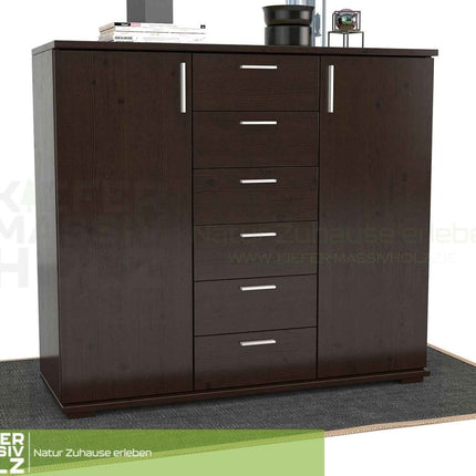 SEO. Nobis Kommode aus massivem Kiefernholz | Sideboard mit 2 Türen und 6 Schubladen | 107 cm hoch | 100% Bio Kiefer Massivholz - Wenge Linkreich