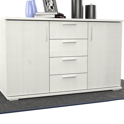 SEO. Nobis Kommode aus Massivholz | Sideboard mit 4 Schubladen und 2 Türen | 100% Bio Kiefer Massivholz - Weiss Linkreich