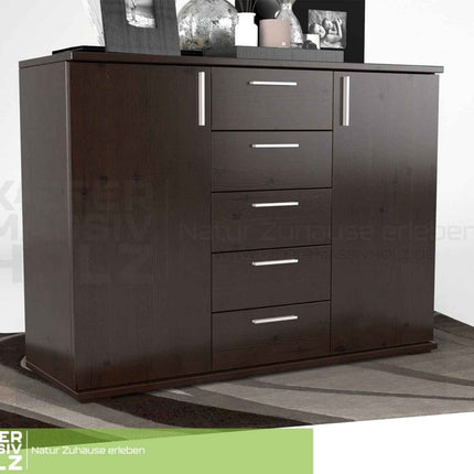 SEO. Nobis Kommode Bio Kiefer Massivholz 120-er | 5-Schubladen Sideboard | 2-Türig Anrichte - Wenge Linkreich