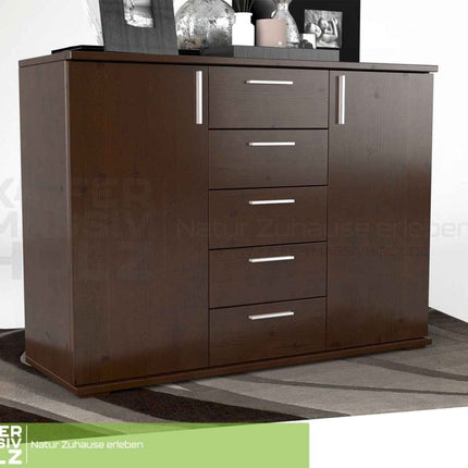 SEO. Nobis Kommode Bio Kiefer Massivholz 120-er | 5-Schubladen Sideboard | 2-Türig Anrichte - Nussbaum Linkreich