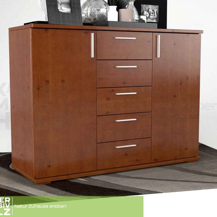SEO. Nobis Kommode Bio Kiefer Massivholz 120-er | 5-Schubladen Sideboard | 2-Türig Anrichte - Kirsch Linkreich