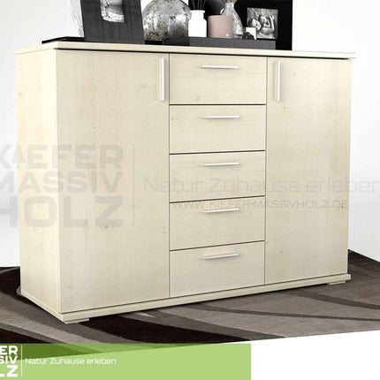 SEO. Nobis Kommode Bio Kiefer Massivholz 120-er | 5-Schubladen Sideboard | 2-Türig Anrichte - Weiss Linkreich