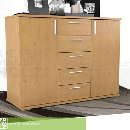 SEO. Nobis Kommode Bio Kiefer Massivholz 120-er | 5-Schubladen Sideboard | 2-Türig Anrichte - Capuccino Linkreich