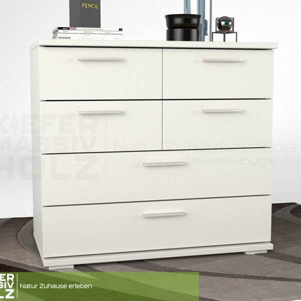 SEO. Nobis Kommode Bio Kiefer Massivholz | Sideboard mit 4 kleinen und 2 großen Schubladen | Anrichte aus 100% Bio Kiefer - Schneeweiss Linkreich