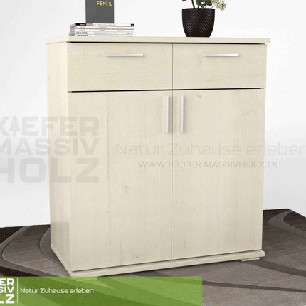 SEO. Nobis Kommode Massivholz 90-er | Anrichte | 2-Schubladen & 2-Türig | 100% Bio Kiefer - Weiss Linkreich