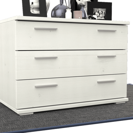SEO. Nobis Kommode Massivholz für Wohnzimmer | Sideboard mit 3 großen Schubladen | 57cm hoch aus 100% Bio Kiefer Massivholz - Weiss Linkreich